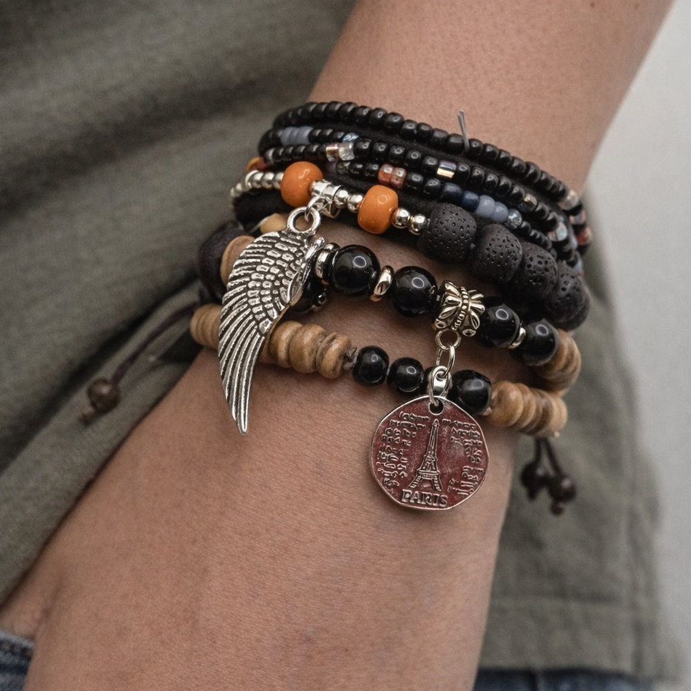 NWOT Boho Beaded Bracelet Stack Angel Wing Paris Charm Unisex Bundle Adjustable